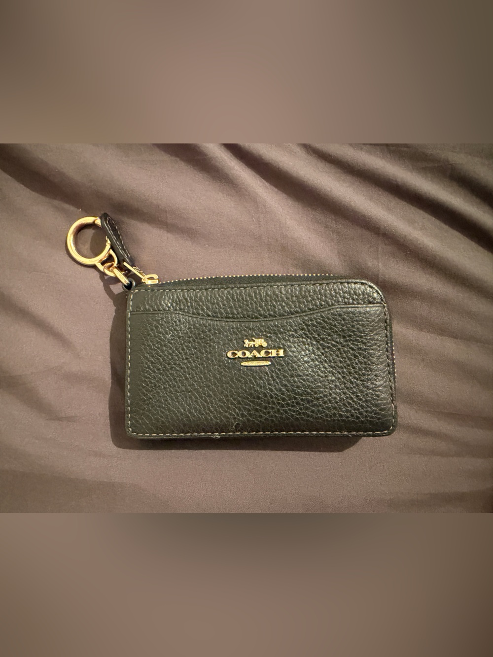 Coach Black Pebbled Leather Zip Card Case with Gold Keyring